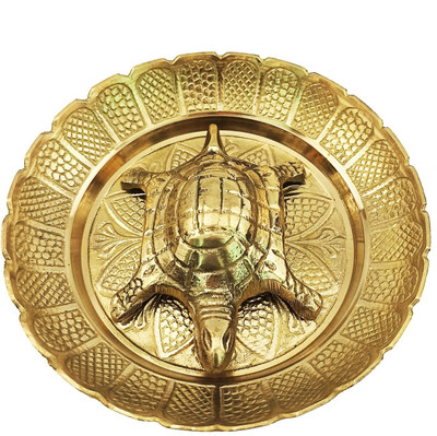 Real Craft Brass Metal Turtle Vaastu Fengshui Tortoise on Plate | for Career & Good Luck Gift Kachua Item for Wealth & Success in Business Home Décor(12 cm x 12 cm x 2.5 cm) 200 Gm Decorative Showpiece  -  2.5 cm(Brass, Gold)