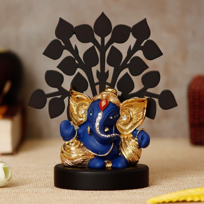 eCraftIndia Gold Plated Blue Kaan Ganesha Decorative with Wooden Tree for Home/Temple/Office/Car Dashboard Decorative Showpiece  -  13 cm(Wood, Blue)