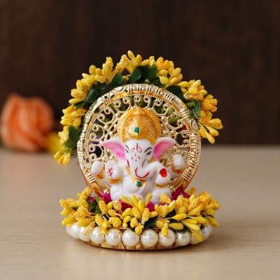 eCraftIndia Lord Ganesha Idol on Decorative Handcrafted Yellow Floral Plate for Home and Car Decorative Showpiece  -  12 cm(Metal, Yellow)