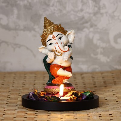 eCraftIndia Colorful Lord Ganesha Dancing Avatar Decorative with Wooden Base, Fragranced Petals and Tealight Decorative Showpiece  -  17.5 cm(Wood, Orange)
