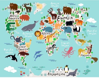 Artzfolio 137.414 cm Animal Map Of The World For Children & Kids Peel & Stick Vinyl Wall Sticker 54.1inch x 42inch (137.4cms x 106.7cms) Self Adhesive Sticker(Pack of 1)