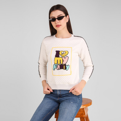 Fit N Fame Printed Round Neck Casual Women White Sweater