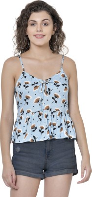 Martini Casual Shoulder Strap Floral Print Women Blue Top