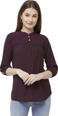 GO.4.IT Casual 3/4 Sleeve Solid Women Maroon Top