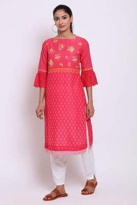 BIBA Women Floral Print Straight Kurta(Pink)