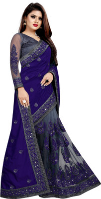 PRAMUKH HEAVAN Embroidered, Embellished Bollywood Net, Art Silk Saree(Blue)