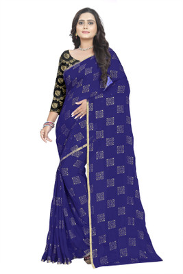 REDFISH Blocked Printed Bollywood Chiffon Saree(Blue)