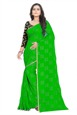 REDFISH Printed Bandhani Chiffon Saree(Green)