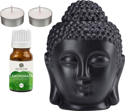 Aatiutik Lemongrass Black Buddha Head Tlight Diffuser with Aroma Oil and Tlight Candle Diffuser Set Buddha Head Black Aroma Diffuser with Tlight Candle and Aroma Diffuser(4 x 2.5 ml)