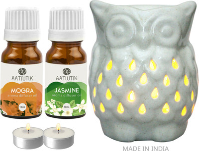 Aatiutik Mogra, Jasmine Aroma oil with Owl Shape Tlight Candle Aroma Diffuser Set Owl Shape Tight Aroma Diffuser for home office spa hotel(2 x 10 ml)