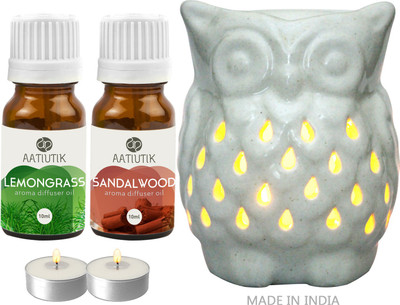 Aatiutik Lemongrass, Sandalwood Aroma oil with Owl Shape Tlight Candle Aroma Diffuser Set Owl Shape Tight Aroma Diffuser for home office spa hotel(2 x 10 ml)