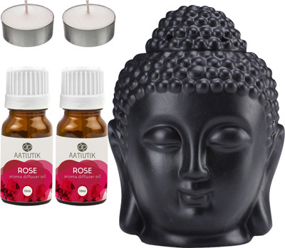 Aatiutik Rose Black Buddha Diffuser Set BuddBlack Aroma Diffuser with Tlight Candle and Aroma Diffuser(5 x 4 ml)