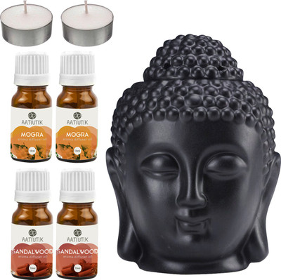 Aatiutik Mogra, Sandalwood Black Buddha Head Tlight Diffuser with Aroma Oil and Tlight Candle Diffuser Set Buddha Head Black Aroma Diffuser with Tlight Candle and Aroma Diffuser(4 x 10 ml)