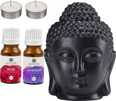 Aatiutik Rose, Lavender Black Buddha Head Tlight Diffuser with Aroma Oil and Tlight Candle Diffuser Set Buddha Head Black Aroma Diffuser with Tlight Candle and Aroma Diffuser(5 x 4 ml)