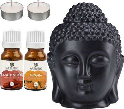 Aatiutik Sandalwood, Mogra Black Buddha Head Tlight Diffuser with Aroma Oil and Tlight Candle Diffuser Set Buddha Head Black Aroma Diffuser with Tlight Candle and Aroma Diffuser(2 x 10 ml)