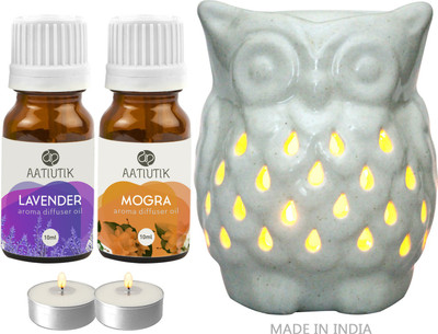 Aatiutik Lavender, Mogra Aroma oil with Owl Shape Tlight Candle Aroma Diffuser Set Owl Shape Tight Aroma Diffuser for home office spa hotel(2 x 10 ml)