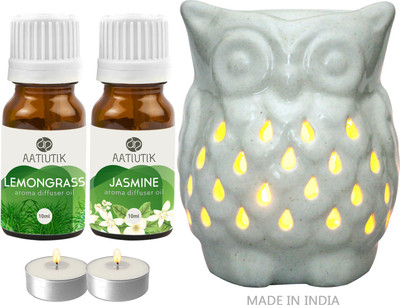 Aatiutik Lemongrass, Jasmine Aroma oil with Owl Shape Tlight Candle Aroma Diffuser Set Owl Shape Tight Aroma Diffuser for home office spa hotel(2 x 10 ml)