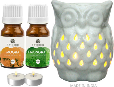 Aatiutik Mogra, Lemongrass Aroma oil with Owl Shape Tlight Candle Aroma Diffuser Set Owl Shape Tight Aroma Diffuser for home office spa hotel(2 x 10 ml)