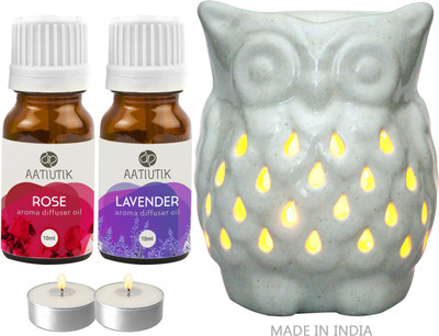 Aatiutik Rose, Lavender Aroma oil with Owl Shape Tlight Candle Aroma Diffuser Set Owl Shape Tight Aroma Diffuser for home office spa hotel(2 x 10 ml)