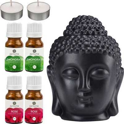 Aatiutik Lemongrass, Rose Black Buddha Head Tlight Diffuser with Aroma Oil and Tlight Candle Diffuser Set Buddha Head Black Aroma Diffuser with Tlight Candle and Aroma Diffuser(4 x 10 ml)