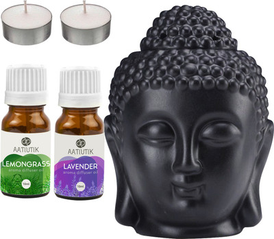 Aatiutik Lemongrass, Lavender Black Buddha Head Tlight Diffuser with Aroma Oil and Tlight Candle Diffuser Set Buddha Head Black Diffuser with Tlight Candle and Aroma Diffuser(5 x 4 ml)