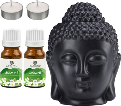 Aatiutik Jasmine Black Buddha Head Tlight Diffuser with Aroma Oil and Tlight Candle Diffuser Set Aroma(5 x 4 ml)