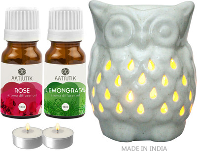Aatiutik Rose, Lemongrass Aroma oil with Owl Shape Tlight Candle Aroma Diffuser Set Owl Shape Tight Aroma Diffuser for home office spa hotel(2 x 10 ml)