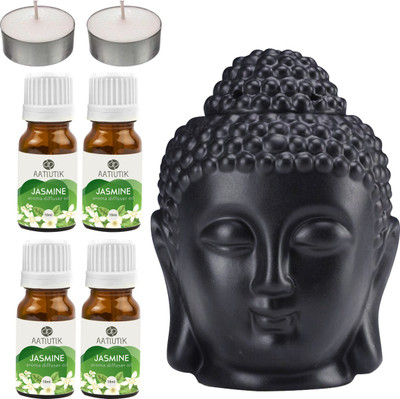 Aatiutik Jasmine Black Buddha Head Tlight Diffuser with Aroma Oil and Tlight Candle Diffuser Set Buddha Head Black Aroma Diffuser with Tlight Candle and Aroma Diffuser(4 x 10 ml)