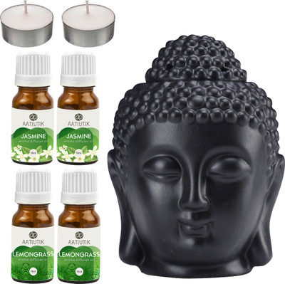 Aatiutik Jasmine, Lemongrass Black Buddha Head Tlight Diffuser with Aroma Oil and Tlight Candle Diffuser Set Buddha Head Black Aroma Diffuser with Tlight Candle and Aroma Diffuser(4 x 10 ml)