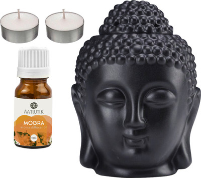 Aatiutik Mogra Black Buddha Head Tlight Diffuser with Aroma Oil and Tlight Candle Diffuser Set Buddha Head Black Aroma Diffuser with Tlight Candle and Aroma Diffuser(4 x 2.5 ml)