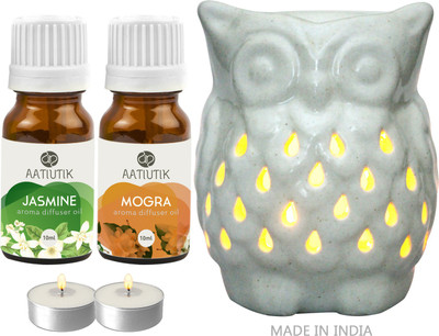 Aatiutik Jasmine, Mogra Aroma oil with Owl Shape Tlight Candle Aroma Diffuser Set Owl Shape Tight Aroma Diffuser for home office spa hotel(2 x 10 ml)