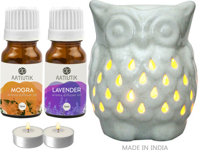 Aatiutik Mogra, Lavender Aroma oil with Owl Shape Tlight Candle Aroma Diffuser Set Owl Shape Tight Aroma Diffuser for home office spa hotel(2 x 10 ml)