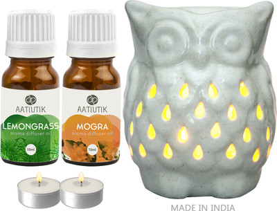 Aatiutik Lemongrass, Mogra Aroma oil with Owl Shape Tlight Candle Aroma Diffuser Set Owl Shape Tight Aroma Diffuser for home office spa hotel(2 x 10 ml)