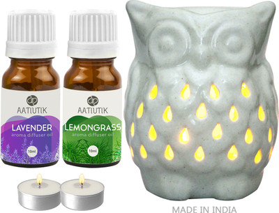 Aatiutik Lavender, Lemongrass Aroma oil with Owl Shape Tlight Candle Aroma Diffuser Set Owl Shape Tight Aroma Diffuser for home office spa hotel(2 x 10 ml)