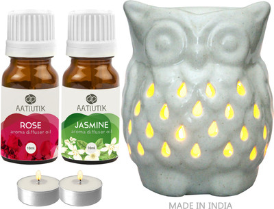 Aatiutik Rose, Jasmine Aroma oil with Owl Shape Tlight Candle Aroma Diffuser Set Owl Shape Tight Aroma Diffuser for home office spa hotel(2 x 10 ml)