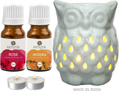 Aatiutik Rose, Mogra Aroma oil with Owl Shape Tlight Candle Aroma Diffuser Set Owl Shape Tight Aroma Diffuser for home office spa hotel(2 x 10 ml)