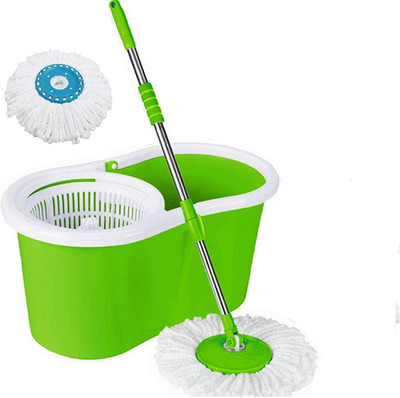 SURABHI Mop Bucket Magic Spin Mop Bucket Double Drive Hand Pressure with 2 Microfiber Mop Head Mop Set Mop Set(Green)
