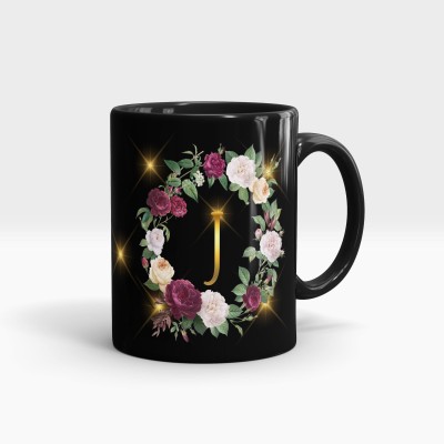 Gift Arcadia Letter J Flower Alphabet Black CoffeeMug | Best Gift for your Loved Once on their Special Day Ceramic Coffee Mug(330 ml)