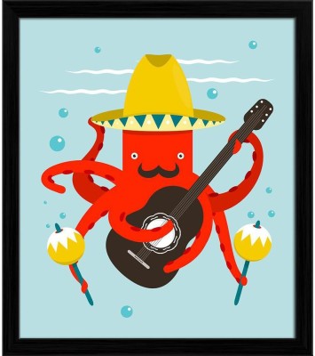 Artzfolio ArtzFolio Macho Moustache Octopus Playing Guitar Tabletop Painting Black Frame 6inch x 6.8inch (15.2cms x 17.2cms) Digital Reprint 7 inch x 7.3 inch Painting(With Frame)