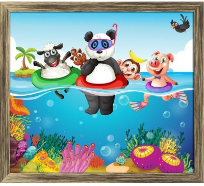 Artzfolio ArtzFolio Animals Swimming In The Ocean Canvas Painting Antique Golden Synthetic Frame 18.1inch x 16inch (46cms x 40.6cms) Digital Reprint 16 inch x 18.1 inch Painting(With Frame)