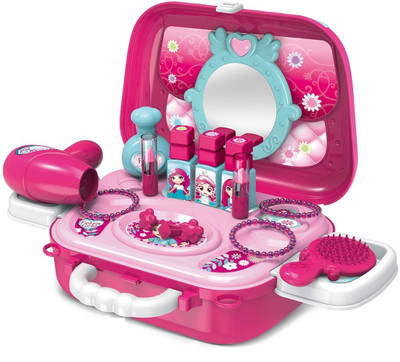 quickbuy Pretend Play Cosmetic and Makeup Toy for Girls Beauty Kit with Foldable Trolly Bag for Girls & Kids | Beauty Set for Girls (2 in 1 Portable CASE Bag)