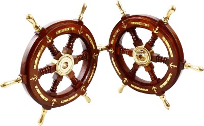 noor handicrafts Nautical Premium Sailor's Hand Crafted Brass & Wooden Ship Wheel Gift Decor | Boat Collectibles (Anchor & Strips with Brass Handles) Pack of 2 Pcs (24 x 24 x 2 Inches) Decorative Showpiece  -  61.5 cm(Wood, Brown)