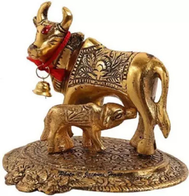 Option Gallery Kamdhenu Oxidised Gold Finished Brass polish Cow and Calf Figurine Decorative Showpiece  -  10 cm(Brass, Gold, Red)