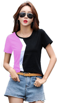 BASE 41 Colorblock Women Round Neck Pink, Black T-Shirt