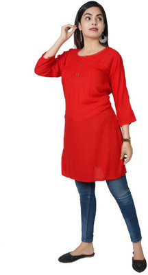 URADHEY TEXTILES Women Solid Straight Kurta(Red)