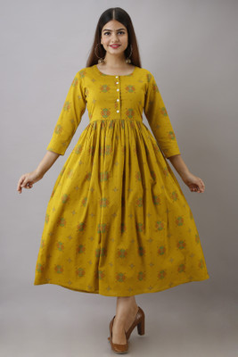 Women Click Women Printed Flared Kurta(Yellow)