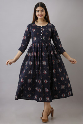Women Click Women Printed Flared Kurta(Blue)