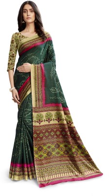 SAARA Printed, Geometric Print, Striped, Floral Print Bhagalpuri Silk Blend Saree(Multicolor, Dark Green, Pink)