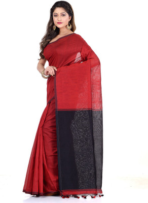 TANTLOOM Color Block Handloom Handloom Cotton Blend, Cotton Silk Saree(Red)