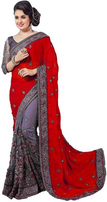 Qyra Embroidered Bollywood Net, Art Silk Saree(Red, Grey)